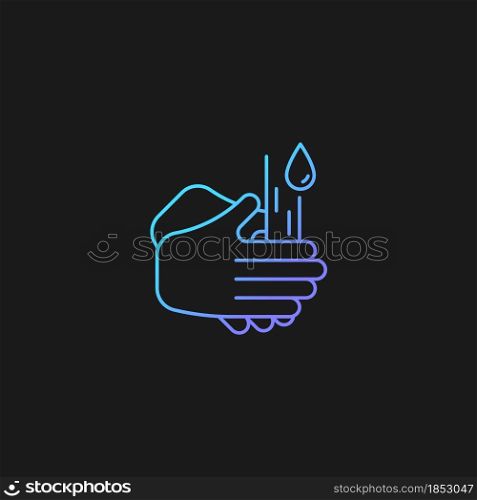 Rub palms together gradient vector icon for dark theme. Rinsing hands under cold running water. Killing germs on palms. Thin line color symbol. Modern style pictogram. Vector isolated outline drawing. Rub palms together gradient vector icon for dark theme