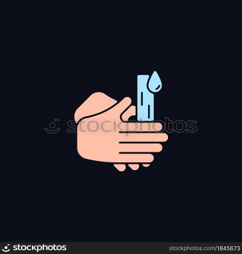 Rub palms together RGB color icon for dark theme. Rinsing hands under cold running water. Lifting dirt. Isolated vector illustration on night mode background. Simple filled line drawing on black. Rub palms together RGB color icon for dark theme