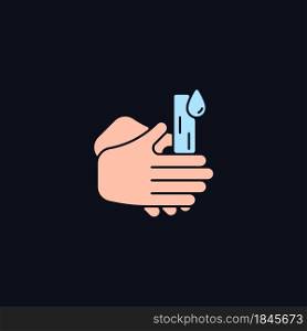 Rub palms together RGB color icon for dark theme. Rinsing hands under cold running water. Lifting dirt. Isolated vector illustration on night mode background. Simple filled line drawing on black. Rub palms together RGB color icon for dark theme