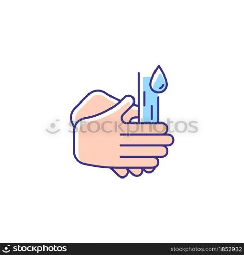 Rub palms together RGB color icon. Rinsing hands under cold running water. Killing germs on palms. Lathering bottom of hands. Lifting dirt. Isolated vector illustration. Simple filled line drawing. Rub palms together RGB color icon