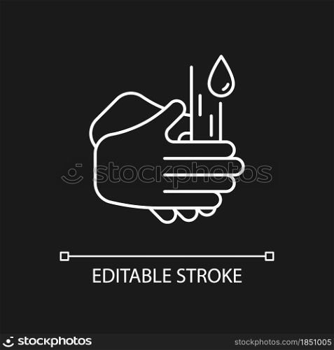 Rub palms together white linear icon for dark theme. Rinsing hands under cold running water. Thin line customizable illustration. Isolated vector contour symbol for night mode. Editable stroke. Rub palms together white linear icon for dark theme
