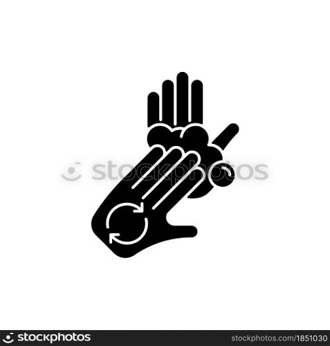 Rub palms with fingers black glyph icon. Regular handwashing. Covering hands with soap lather. Lathering palms with fingertips. Silhouette symbol on white space. Vector isolated illustration. Rub palms with fingers black glyph icon
