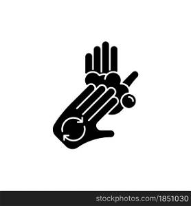 Rub palms with fingers black glyph icon. Regular handwashing. Covering hands with soap lather. Lathering palms with fingertips. Silhouette symbol on white space. Vector isolated illustration. Rub palms with fingers black glyph icon