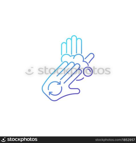 Rub palms with fingers gradient linear vector icon. Regular handwashing. Cover hands with soap lather. Remove bacteria. Thin line color symbol. Modern style pictogram. Vector isolated outline drawing. Rub palms with fingers gradient linear vector icon