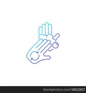 Rub palms with fingers gradient linear vector icon. Regular handwashing. Cover hands with soap lather. Remove bacteria. Thin line color symbol. Modern style pictogram. Vector isolated outline drawing. Rub palms with fingers gradient linear vector icon