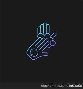 Rub palms with fingers gradient vector icon for dark theme. Regular handwashing. Covering hands with soap lather. Thin line color symbol. Modern style pictogram. Vector isolated outline drawing. Rub palms with fingers gradient vector icon for dark theme