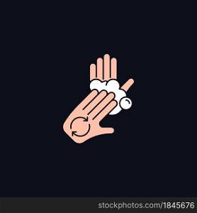 Rub palms with fingers RGB color icon for dark theme. Regular handwashing. Covering hands with soap lather. Isolated vector illustration on night mode background. Simple filled line drawing on black. Rub palms with fingers RGB color icon for dark theme