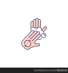Rub palms with fingers RGB color icon. Regular handwashing. Covering hands with soap lather. Remove bacteria. Lathering palms with fingertips. Isolated vector illustration. Simple filled line drawing. Rub palms with fingers RGB color icon