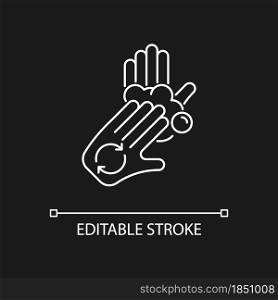 Rub palms with fingers white linear icon for dark theme. Regular handwashing. Remove bacteria. Thin line customizable illustration. Isolated vector contour symbol for night mode. Editable stroke. Rub palms with fingers white linear icon for dark theme