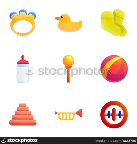 Rubber baby toy icon set. Cartoon set of 9 rubber baby toy vector icons for web design isolated on white background. Rubber baby toy icon set, cartoon style