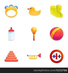 Rubber baby toy icon set. Cartoon set of 9 rubber baby toy vector icons for web design isolated on white background. Rubber baby toy icon set, cartoon style