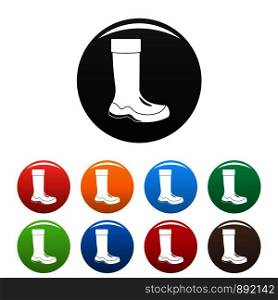 Rubber boots icons set 9 color vector isolated on white for any design. Rubber boots icons set color