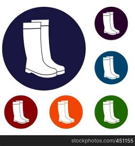 Rubber boots icons set in flat circle reb, blue and green color for web. Rubber boots icons set