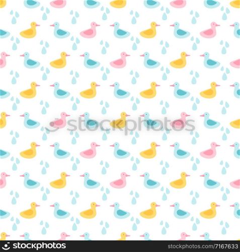 Rubber ducks and water drops seamless pattern vector design. Illustraton of plastic bird and duckling pattern. Rubber ducks and water drops seamless pattern vector design
