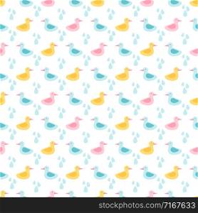 Rubber ducks and water drops seamless pattern vector design. Illustraton of plastic bird and duckling pattern. Rubber ducks and water drops seamless pattern vector design