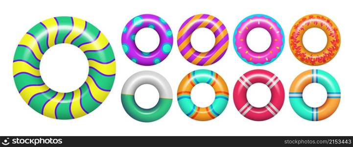 Rubber rings. Colorful swimming ring for sea or pool. Isolated vacation realistic accessories for swim vector set. Illustration rubber ring equipment, float and lifebuoy for pool. Rubber rings. Colorful swimming ring for sea or pool. Isolated vacation realistic accessories for swim vector set