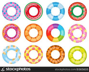 Rubber swimming ring. Pink lifesaver, summer swimming pool floating rings. Rainbow rescue ring top view cartoon vector illustration set. Ring rubber equipment, lifesaver for pool or sea. Rubber swimming ring. Pink lifesaver, summer swimming pool floating rings. Rainbow rescue ring top view cartoon vector illustration set