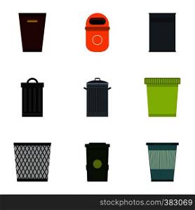 Rubbish bin icons set. Flat illustration of 9 rubbish bin vector icons for web. Rubbish bin icons set, flat style