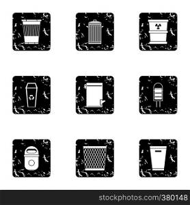 Rubbish bin icons set. Grunge illustration of 9 rubbish bin vector icons for web. Rubbish bin icons set, grunge style