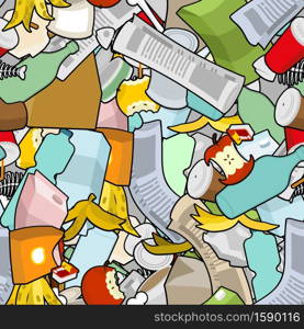 Rubbish seamless pattern. Garbage texture. trash ornament. litter background. peel from banana and stub. Tin and old newspaper. Bone and packaging. Crumpled paper and plastic bottle