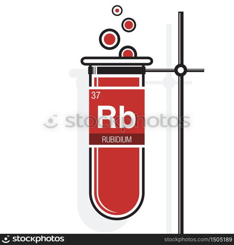 Rubidium symbol on label in a red test tube with holder. Element number 37 of the Periodic Table of the Elements - Chemistry