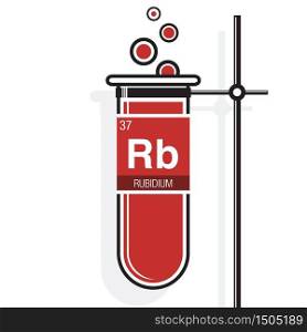 Rubidium symbol on label in a red test tube with holder. Element number 37 of the Periodic Table of the Elements - Chemistry