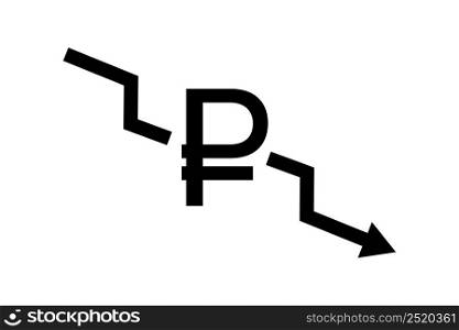 Ruble fall icon, russian national currency falling. Inflation graphic symbol.