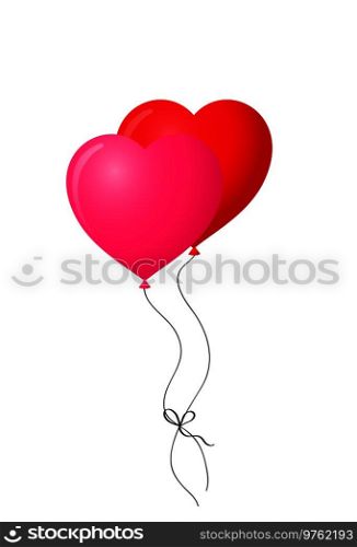 Ruby red and vibrant pink pair of realistic heart shaped helium balloons isolated on white background. Vector illustration, clip art.. red and pink pair of realistic heart shaped helium balloons