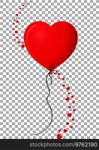 Ruby red realistic heart shaped helium balloon with vertical wave made of many red different-sized hearts isolated on transparent background. Vector illustration, clip art, element for design.. red realistic heart shaped helium balloon with vertical hearts w