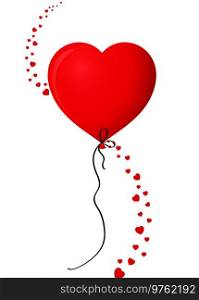 Ruby red realistic heart shaped helium balloon with vertical wave made of many red different-sized hearts isolated on white background. Vector illustration, clip art, element for design.. Ruby red realistic heart shaped helium balloon 