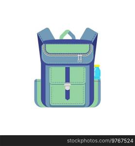 Rucksack back to school item isolated icon. Vector rucksack with bottle, school supplies, education and study bag, back to school backpack. Pupil schoolbag with zipper pockets and shoulder straps. School backpack with pockets and bottle isolated
