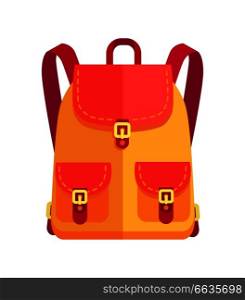 Rucksack for girl in orange and red color with big pockets and metal fasteners vector illustration isolated on white. Backpack in back to school concept. Rucksack for Girl in Orange and Red Color Vector