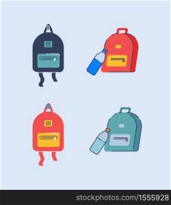 Rucksack semi flat RGB color vector illustrations set. Handy and compact bags for school children and traveler activities. Convenient backpacks isolated cartoon objects pack on blue background. Rucksack semi flat RGB color vector illustrations set