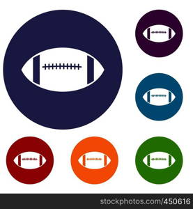 Rugby ball icons set in flat circle reb, blue and green color for web. Rugby ball icons set