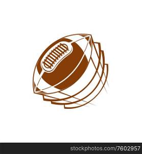 Rugby ball in fire isolated american football logo. Vector oval leather object speeding through air. American football or rugby sport symbol