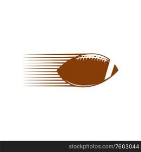 Rugby ball in fire isolated american football logo. Vector oval leather object speeding through air. American football or rugby sport symbol