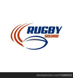 Rugby ball incorporated with swoosh around text. Logo design for rugby sport