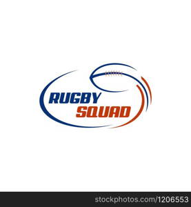 Rugby ball incorporated with swoosh around text. Logo design for rugby sport