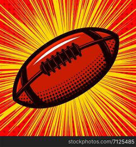 Rugby ball on comic style background. Design element for poster, card, banner. Vector illustration