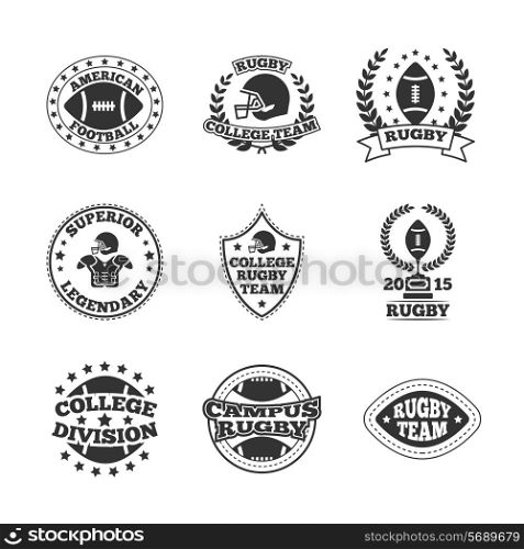 Rugby campus college legendary team black graphic labels set with american football division emblem isolated vector illustration