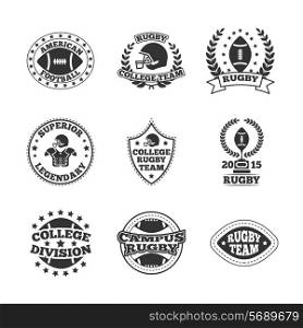 Rugby campus college legendary team black graphic labels set with american football division emblem isolated vector illustration