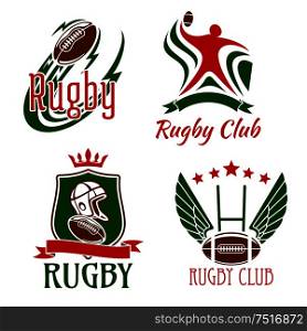 Rugby game design elements for sporting club or team symbols with flying ball, rugby player in position for passing, winged ball with gate on the background, crowned shield with rugby items, adorned by stars and ribbon banners. Rugby game symbols for sporting design