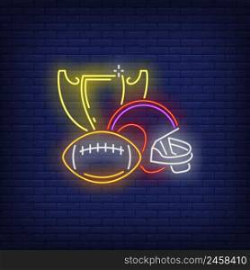 Rugby issues neon sign. Helmet, ball, winner cup. Back to school concept. Vector illustration in neon style, glowing element for topics like sport, activity, championship