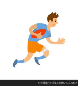 Rugby league football game, isolated character running holding ball in hands. Person wearing uniform flat style, man running with sport equipment. Vector illustration in flat cartoon style. Rugby League Football Game, Isolated Character Run