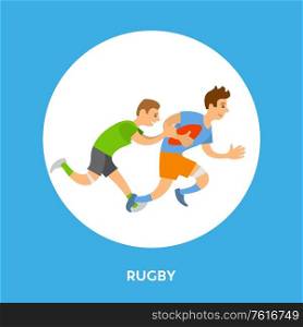 Rugby league football game, round frame button with players running with ball and trying to take it. Person wearing uniform flat style, people with sport equipment. Rugby League Football Game Frame Button and Player