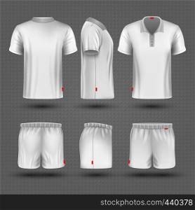 Rugby shorts and t shirt white blank man sport uniform vector set. Sport t-shirt and sporty shorts model for running illustration. Rugby shorts and t shirt white blank man sport uniform vector set