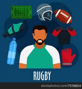 Rugby sport equipment and outfit elements. Rugby man player with accessories. Vector apparel icons of glove, bottle, ball, helmet, playing field, shirt. Rugby sport equipment and outfit elements