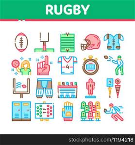 Rugby Sport Game Tool Collection Icons Set Vector Thin Line. Rugby Ball And Gates, Athlete Protection Equipment And Glove, Helmet And Stopwatch Concept Linear Pictograms. Color Contour Illustrations. Rugby Sport Game Tool Collection Icons Set Vector