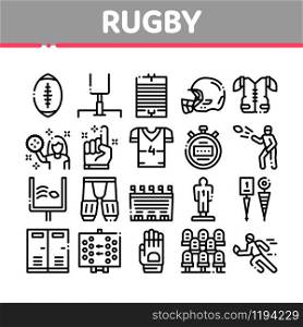 Rugby Sport Game Tool Collection Icons Set Vector Thin Line. Rugby Ball And Gates, Athlete Protection Equipment And Glove, Helmet And Stopwatch Concept Linear Pictograms. Monochrome Contour Illustrations. Rugby Sport Game Tool Collection Icons Set Vector