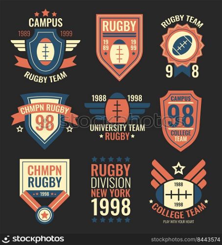 Rugby team labels set. College sport team badges, grunge emblems, university community patches in retro vintage style with text. Vector illustrations collection isolated on black background